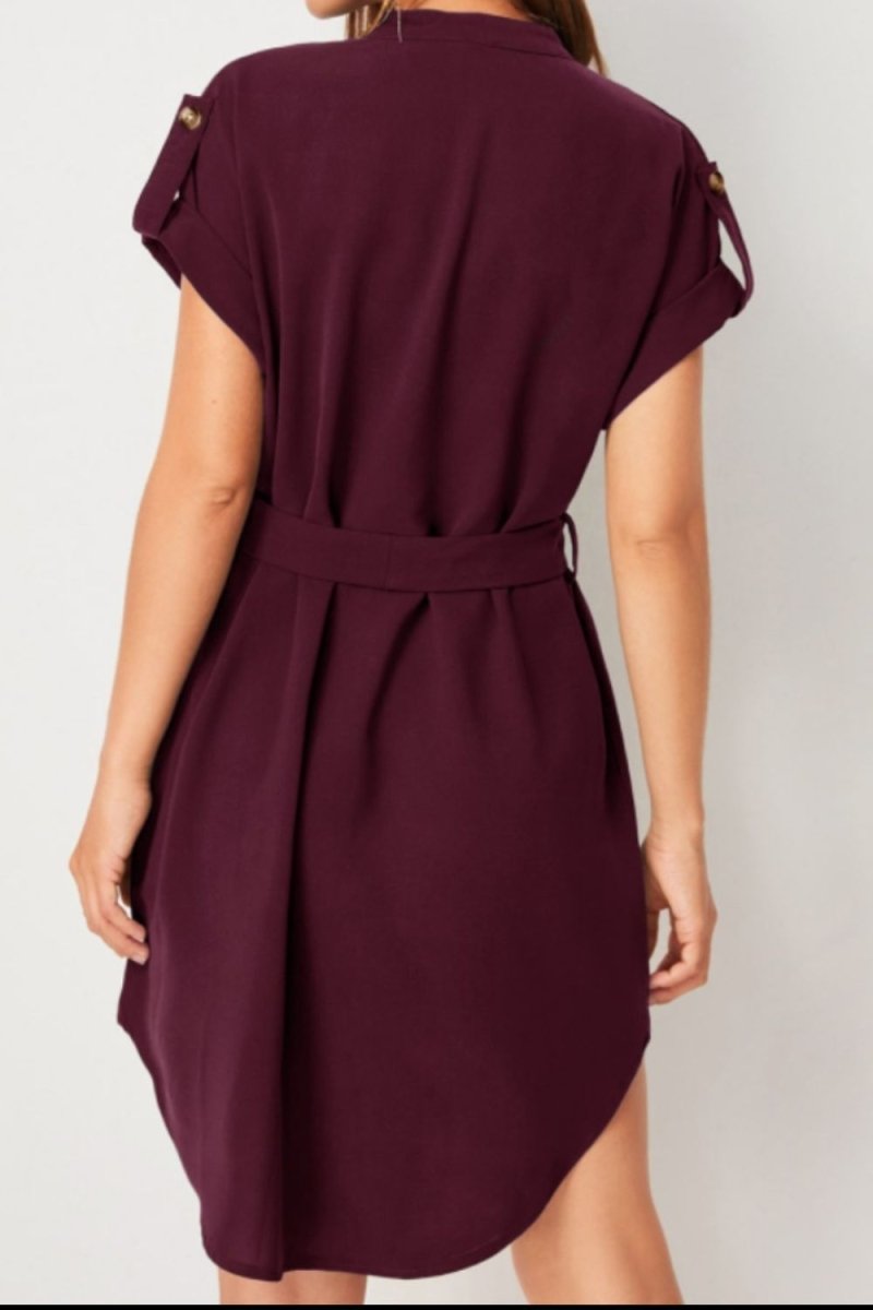 Tied Notched Short Sleeve Dress - Diverse Creations & CompanyTied notched Short Sleeve DressBurgundy