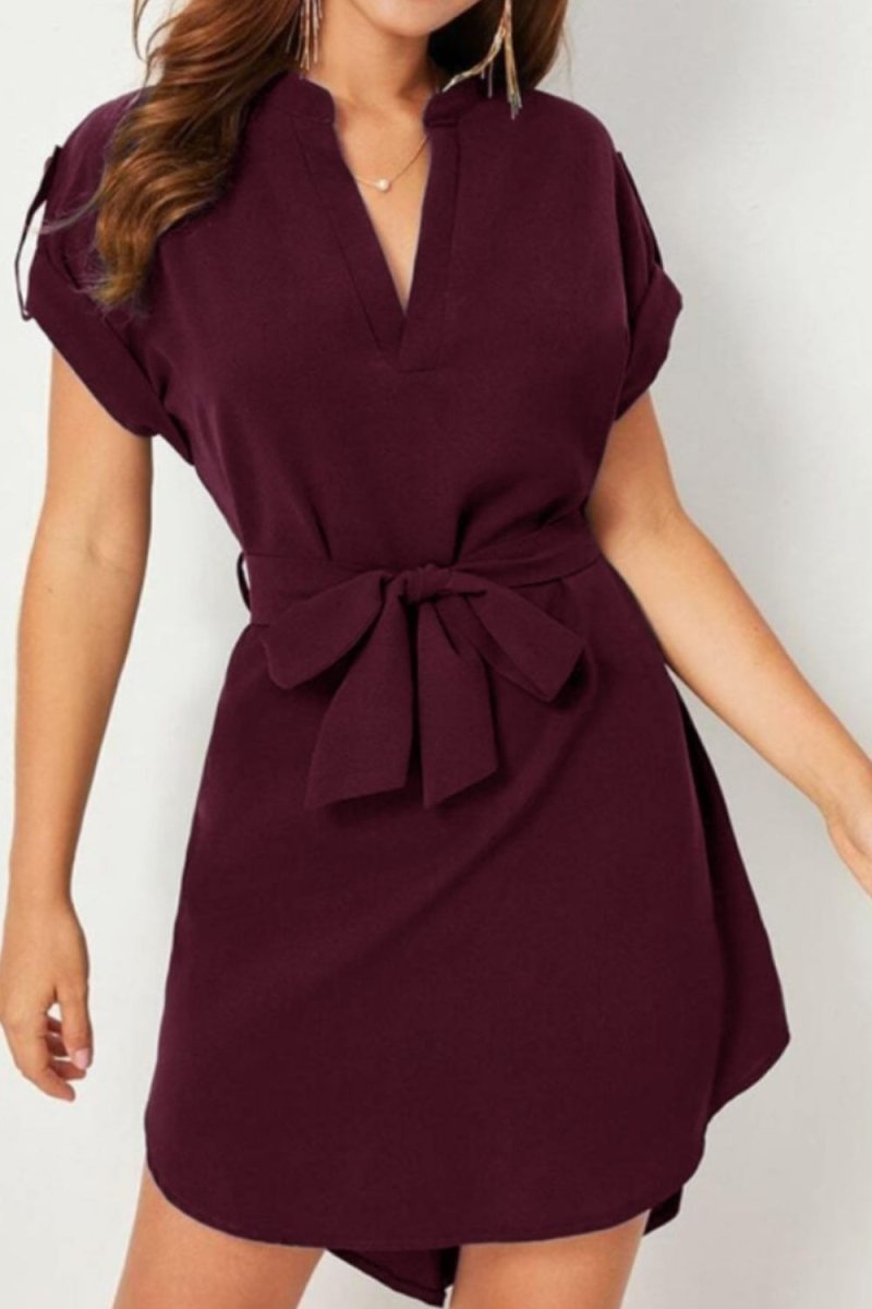 Tied Notched Short Sleeve Dress - Diverse Creations & CompanyTied notched Short Sleeve DressBurgundy