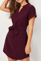 Tied Notched Short Sleeve Dress - Diverse Creations & CompanyTied notched Short Sleeve DressBurgundy