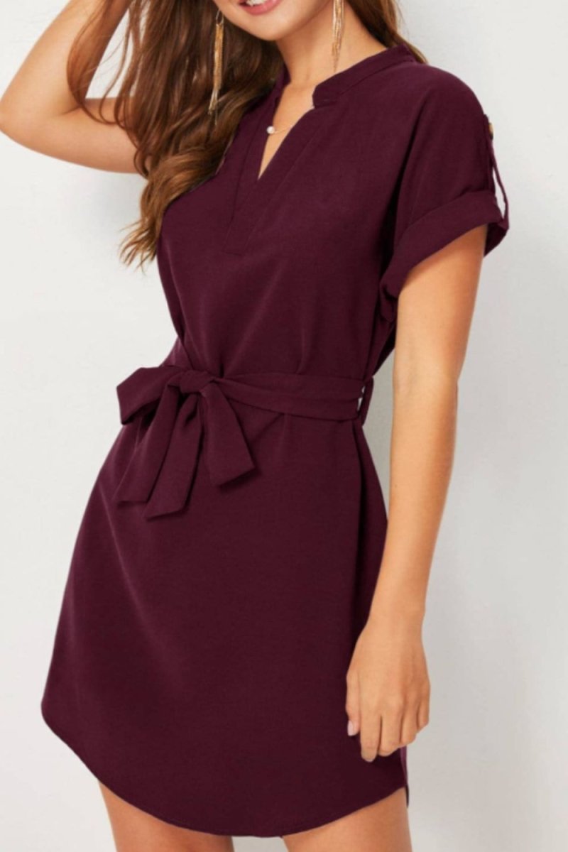 Tied Notched Short Sleeve Dress - Diverse Creations & CompanyTied notched Short Sleeve DressBurgundy