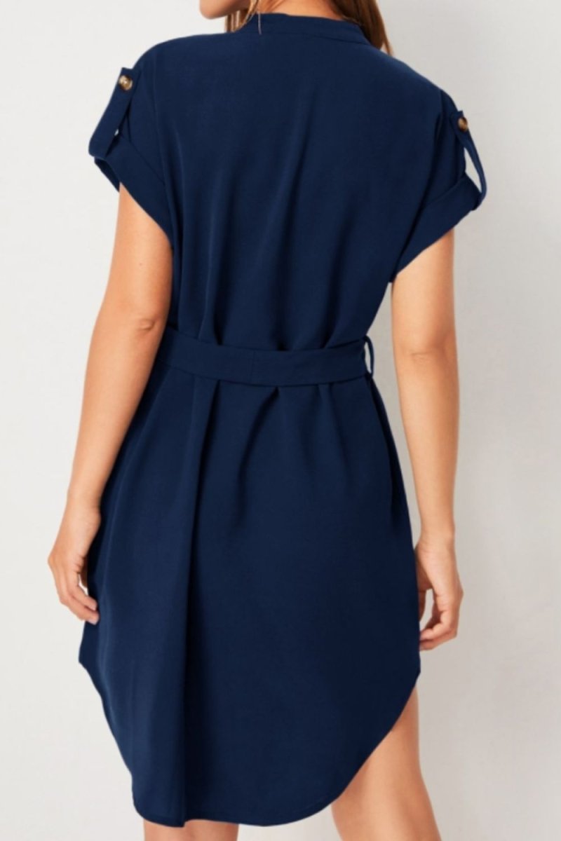 Tied Notched Short Sleeve Dress - Diverse Creations & CompanyTied notched Short Sleeve DressDark Blue