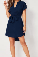 Tied Notched Short Sleeve Dress - Diverse Creations & CompanyTied notched Short Sleeve DressDark Blue