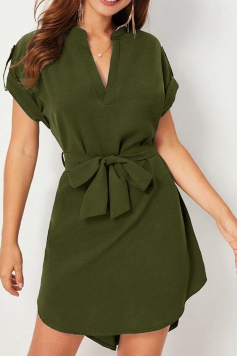 Tied Notched Short Sleeve Dress - Diverse Creations & CompanyTied notched Short Sleeve DressMatch Green