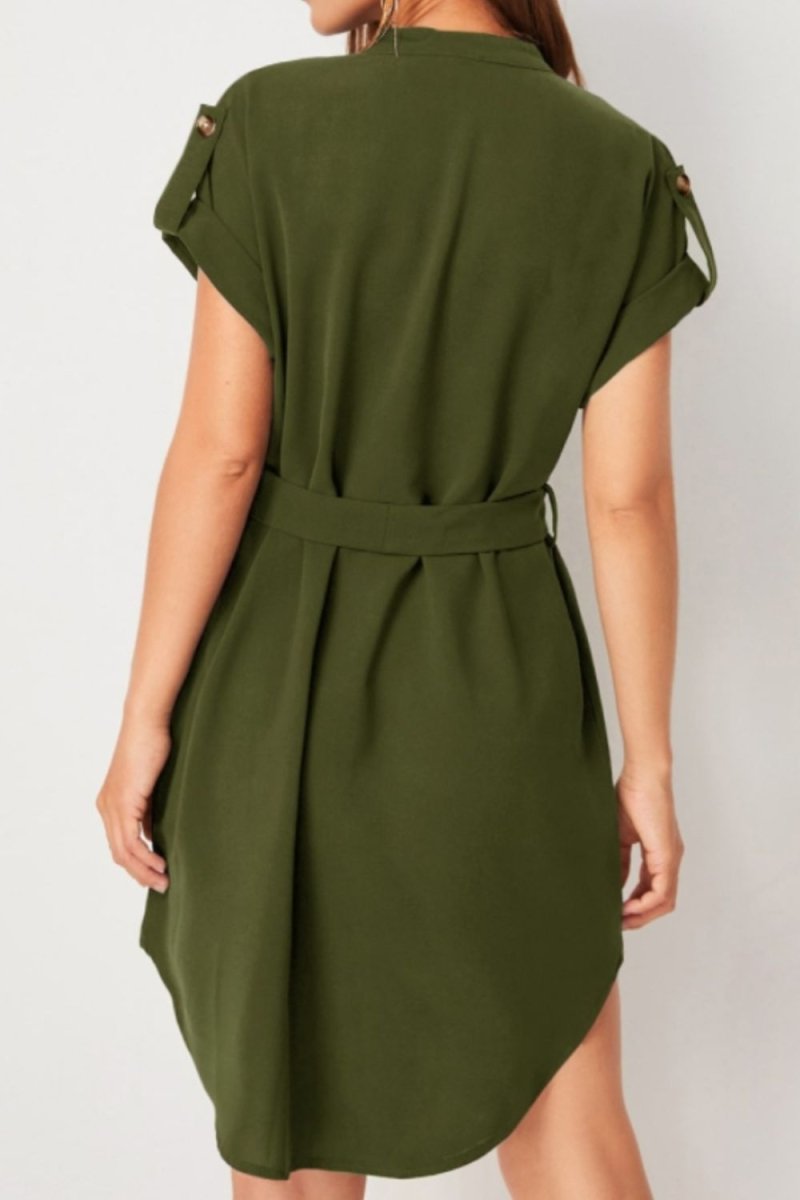 Tied Notched Short Sleeve Dress - Diverse Creations & CompanyTied notched Short Sleeve DressMatch Green