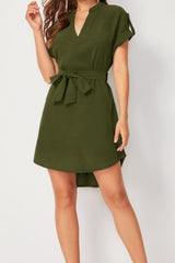 Tied Notched Short Sleeve Dress - Diverse Creations & CompanyTied notched Short Sleeve DressMatch Green