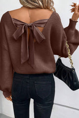 Tied V - Neck Long Sleeve Sweater - Diverse Creations & CompanyTied V - Neck Long Sleeve SweateDark Brown