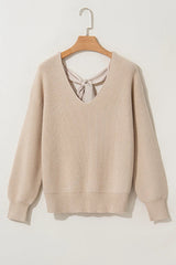 Tied V - Neck Long Sleeve Sweater - Diverse Creations & CompanyTied V - Neck Long Sleeve SweateTan