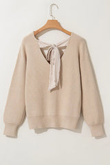 Tied V - Neck Long Sleeve Sweater - Diverse Creations & CompanyTied V - Neck Long Sleeve SweateTan