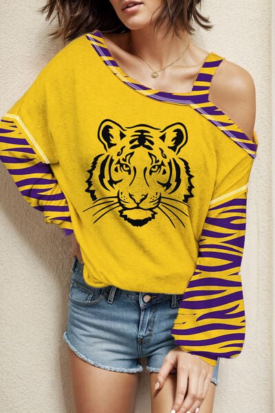 Tiger Graphic Asymmetrical Neck Long Sleeve T-Shirt - Diverse Creations & CompanyTiger Graphic Asymmetrical Neck Long Sleeve T-ShirtTrue Yellow