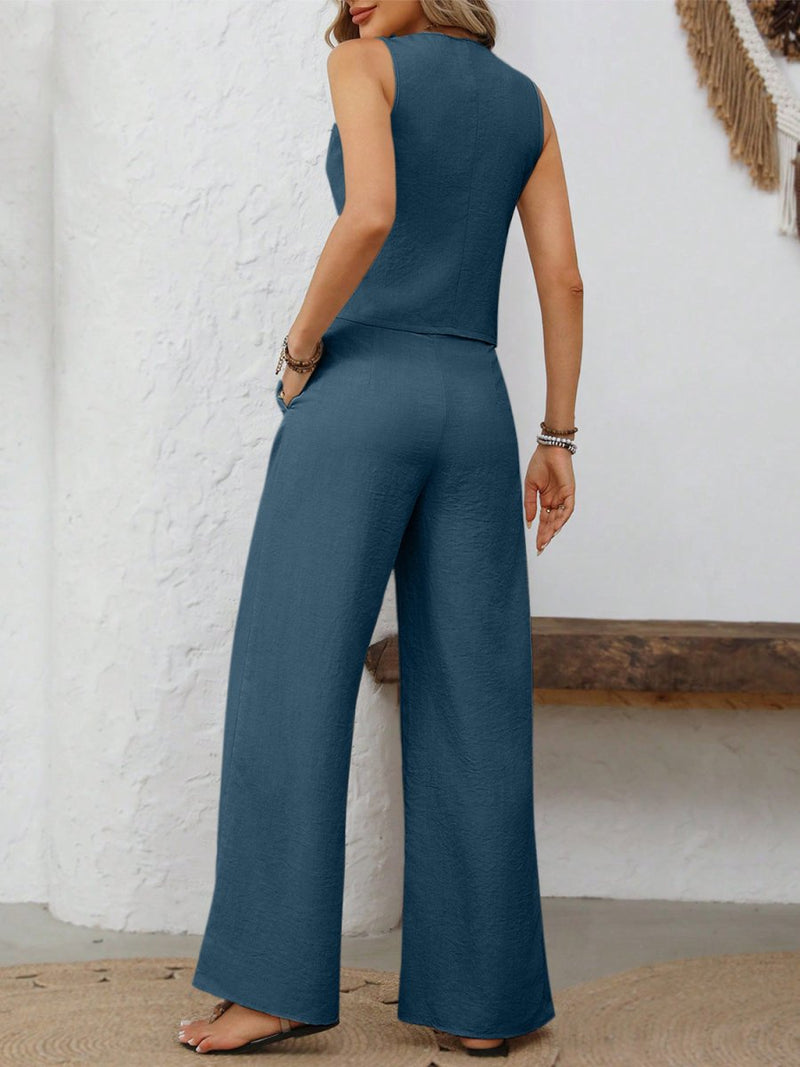 V - Neck Button Down Vest and Wide Leg Pants Set - Diverse Creations & CompanyV - Neck Button Down Vest and Wide Leg Pants SetPeacock Blue