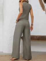 V - Neck Button Down Vest and Wide Leg Pants Set - Diverse Creations & CompanyV - Neck Button Down Vest and Wide Leg Pants SetSage