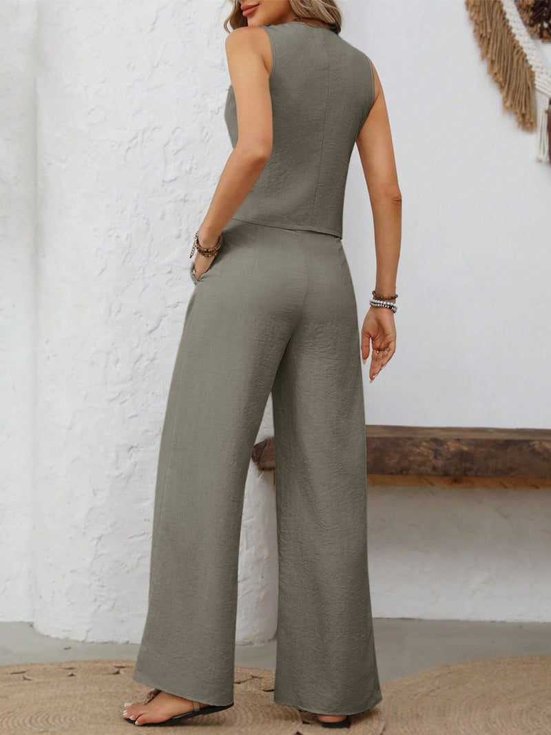 V - Neck Button Down Vest and Wide Leg Pants Set - Diverse Creations & CompanyV - Neck Button Down Vest and Wide Leg Pants SetSage