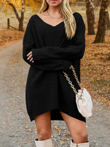 V - Neck Dropped Shoulder Sweater Dress - Diverse Creations & CompanyV Neck Dropped Sweater DressBlack