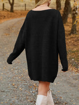 V - Neck Dropped Shoulder Sweater Dress - Diverse Creations & CompanyV Neck Dropped Sweater DressBlack