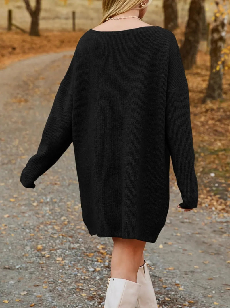 V - Neck Dropped Shoulder Sweater Dress - Diverse Creations & CompanyV Neck Dropped Sweater DressBlack