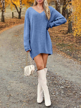 V - Neck Dropped Shoulder Sweater Dress - Diverse Creations & CompanyV Neck Dropped Sweater DressBlue