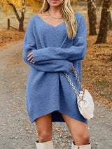 V - Neck Dropped Shoulder Sweater Dress - Diverse Creations & CompanyV Neck Dropped Sweater DressBlue