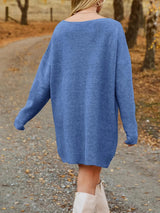 V - Neck Dropped Shoulder Sweater Dress - Diverse Creations & CompanyV Neck Dropped Sweater DressBlue