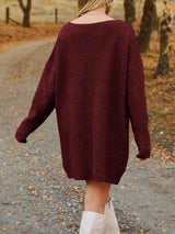 V - Neck Dropped Shoulder Sweater Dress - Diverse Creations & CompanyV Neck Dropped Sweater DressBurgundy