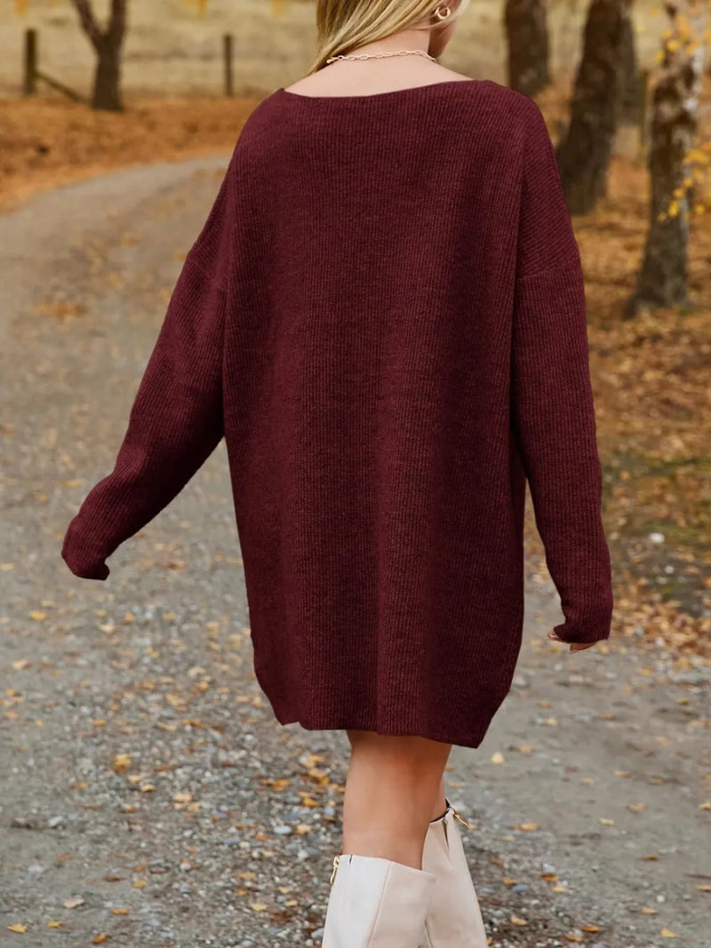V - Neck Dropped Shoulder Sweater Dress - Diverse Creations & CompanyV Neck Dropped Sweater DressBurgundy