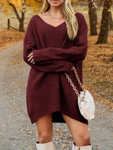 V - Neck Dropped Shoulder Sweater Dress - Diverse Creations & CompanyV Neck Dropped Sweater DressBurgundy
