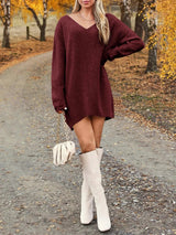 V - Neck Dropped Shoulder Sweater Dress - Diverse Creations & CompanyV Neck Dropped Sweater DressBurgundy