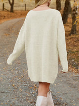 V - Neck Dropped Shoulder Sweater Dress - Diverse Creations & CompanyV Neck Dropped Sweater DressCream