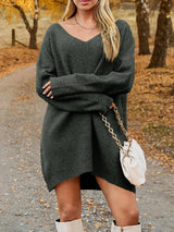 V - Neck Dropped Shoulder Sweater Dress - Diverse Creations & CompanyV Neck Dropped Sweater DressDark Gray