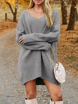 V - Neck Dropped Shoulder Sweater Dress - Diverse Creations & CompanyV Neck Dropped Sweater DressGray