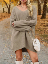 V - Neck Dropped Shoulder Sweater Dress - Diverse Creations & CompanyV Neck Dropped Sweater DressTan