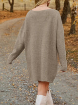 V - Neck Dropped Shoulder Sweater Dress - Diverse Creations & CompanyV Neck Dropped Sweater DressTan