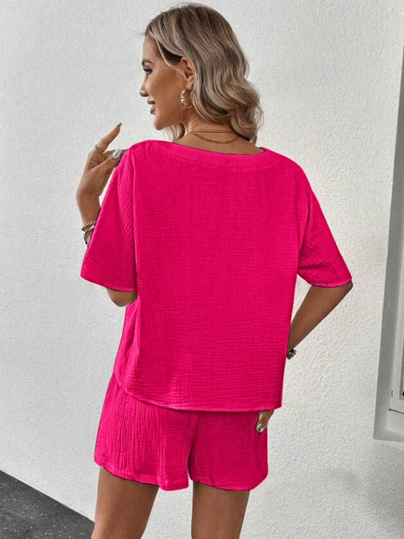 V - Neck Half Sleeve Top and Shorts Set - Diverse Creations & CompanyShorts Shirt OutfitHot Pink