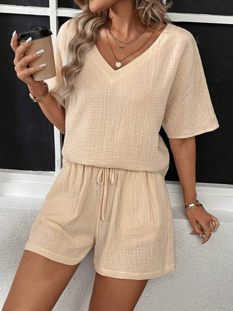 V - Neck Half Sleeve Top and Shorts Set - Diverse Creations & CompanyShorts Shirt OutfitSand