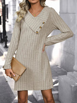 V - Neck Long Sleeve Knit Dress - Diverse Creations & Companysweater dressKhaki