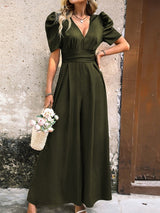 V - Neck Short Sleeve Wide Leg Jumpsuit - Diverse Creations & CompanyV - Neck Short Sleeve Wide Leg JumpsuitArmy Green