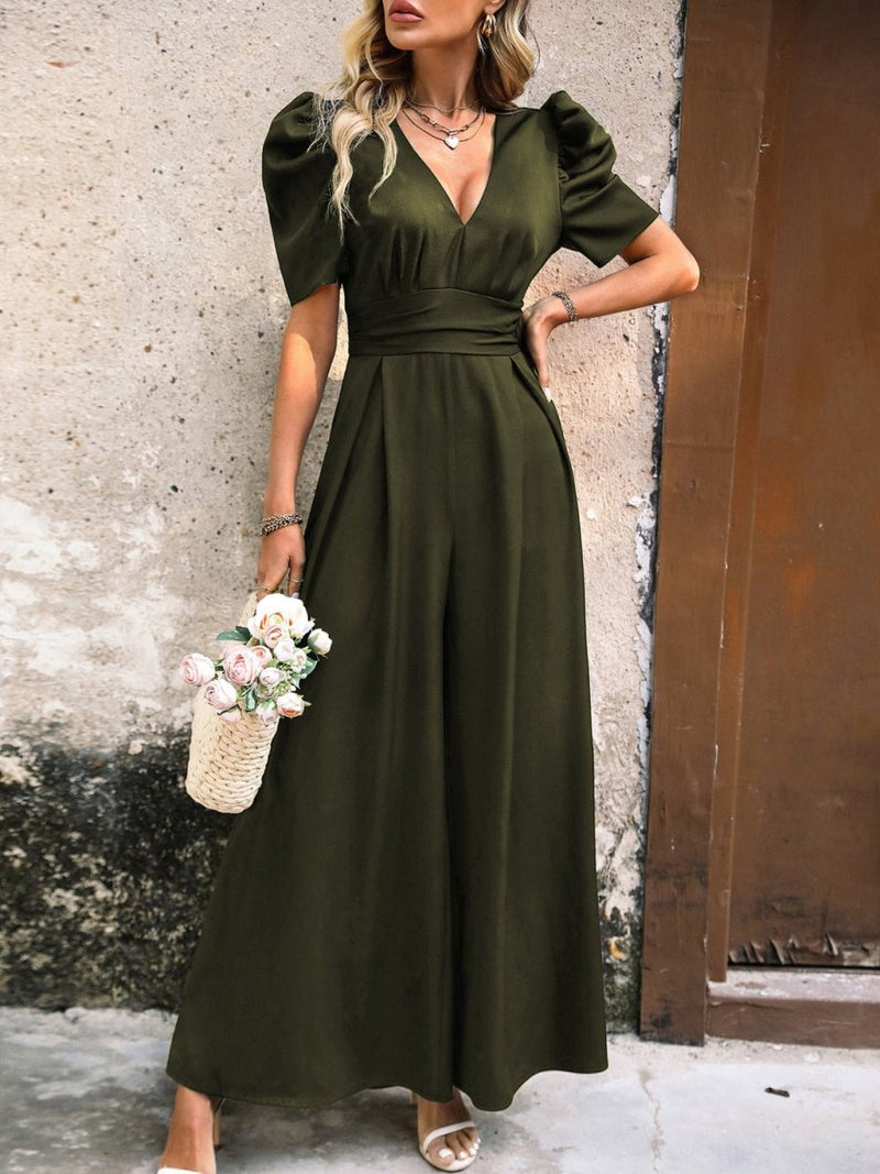 V - Neck Short Sleeve Wide Leg Jumpsuit - Diverse Creations & CompanyV - Neck Short Sleeve Wide Leg JumpsuitArmy Green