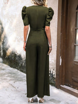 V - Neck Short Sleeve Wide Leg Jumpsuit - Diverse Creations & CompanyV - Neck Short Sleeve Wide Leg JumpsuitArmy Green