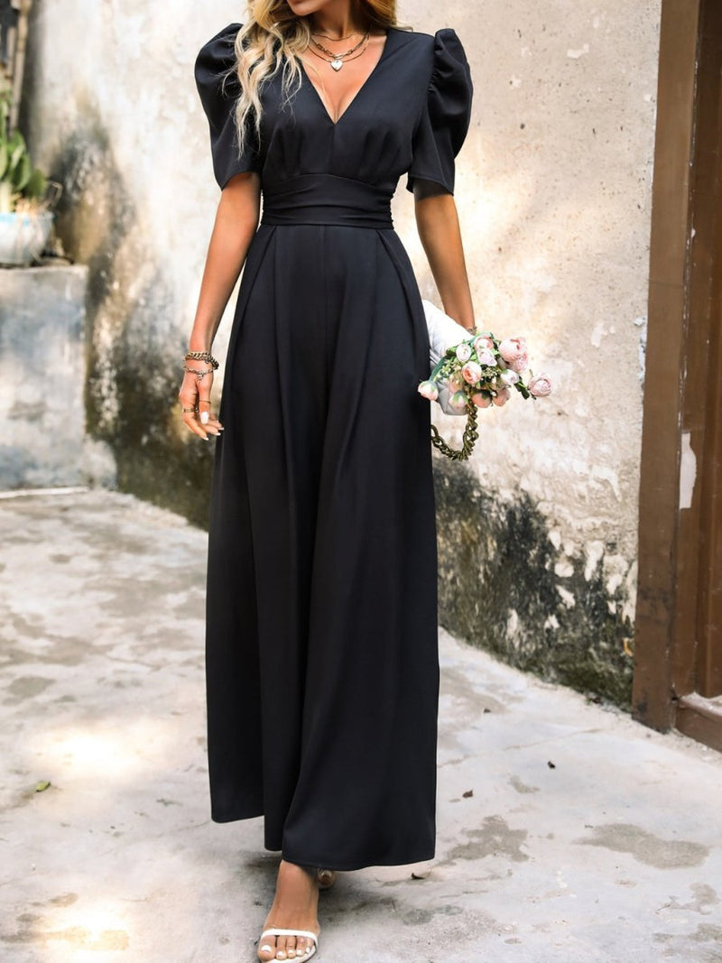 V - Neck Short Sleeve Wide Leg Jumpsuit - Diverse Creations & CompanyV - Neck Short Sleeve Wide Leg JumpsuitBlack