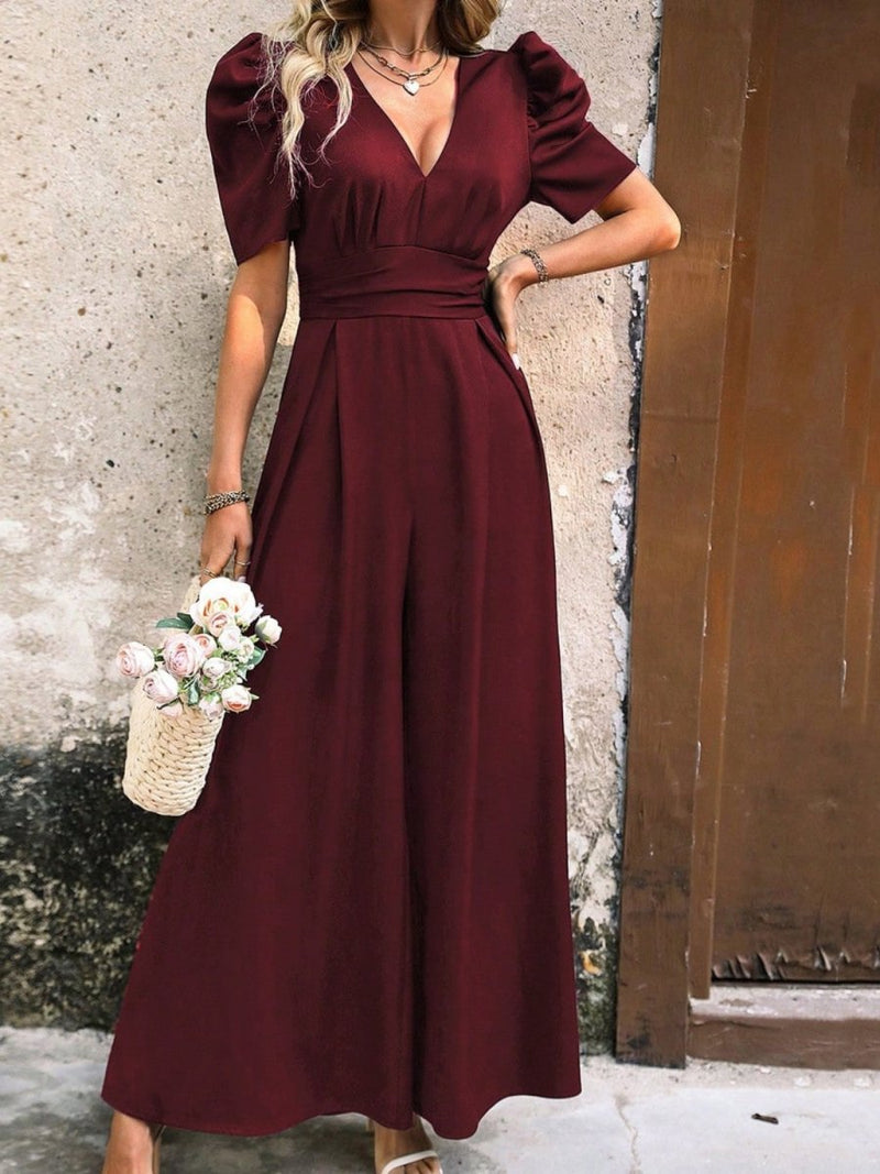 V - Neck Short Sleeve Wide Leg Jumpsuit - Diverse Creations & CompanyV - Neck Short Sleeve Wide Leg JumpsuitBurgundy