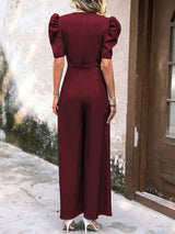 V - Neck Short Sleeve Wide Leg Jumpsuit - Diverse Creations & CompanyV - Neck Short Sleeve Wide Leg JumpsuitBurgundy