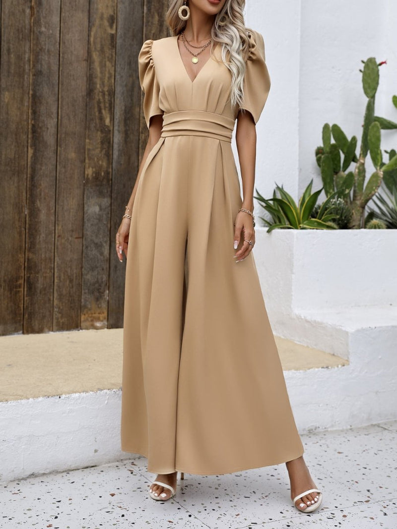 V - Neck Short Sleeve Wide Leg Jumpsuit - Diverse Creations & CompanyV - Neck Short Sleeve Wide Leg JumpsuitCamel