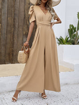 V - Neck Short Sleeve Wide Leg Jumpsuit - Diverse Creations & CompanyV - Neck Short Sleeve Wide Leg JumpsuitCamel