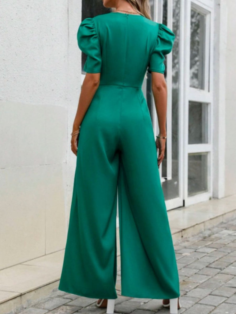 V - Neck Short Sleeve Wide Leg Jumpsuit - Diverse Creations & CompanyV - Neck Short Sleeve Wide Leg JumpsuitDark Green