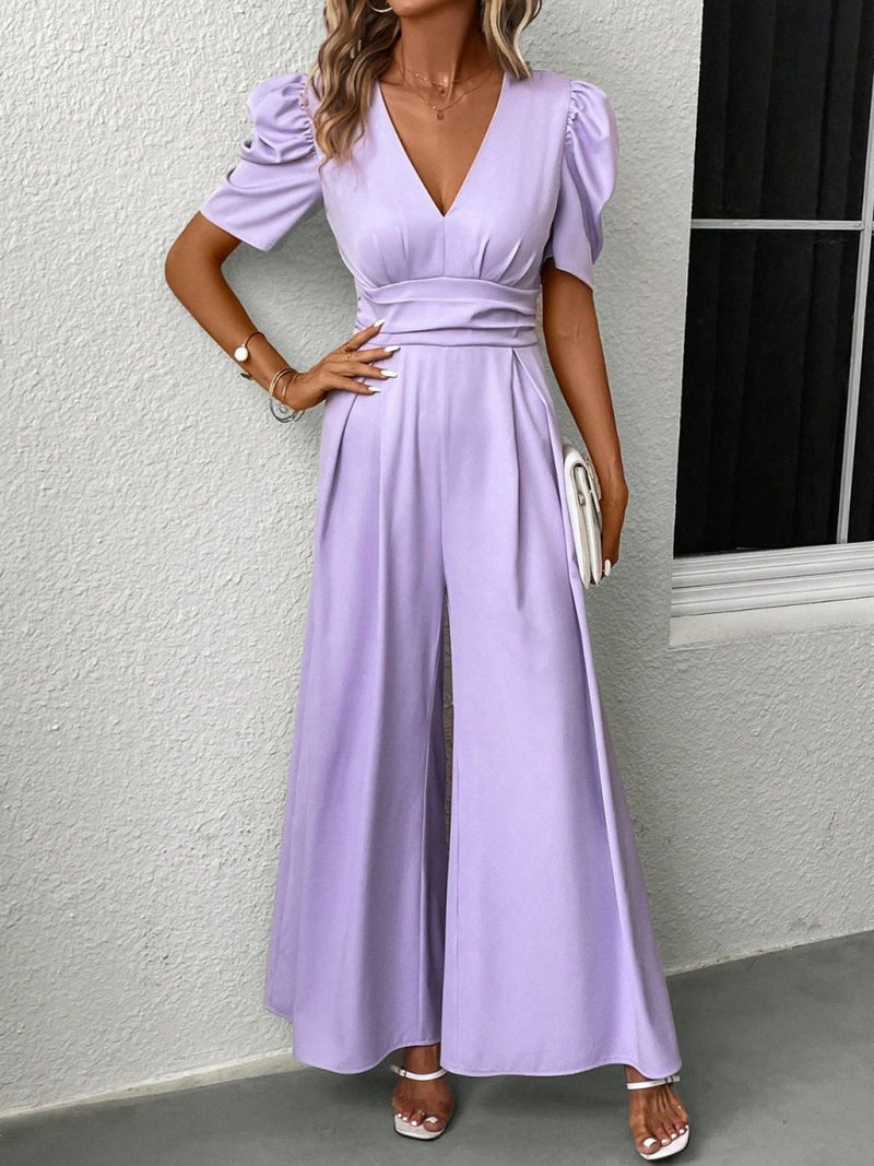 V - Neck Short Sleeve Wide Leg Jumpsuit - Diverse Creations & CompanyV - Neck Short Sleeve Wide Leg JumpsuitLavender