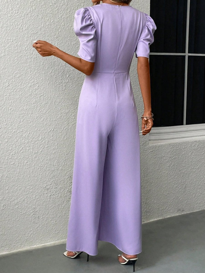 V - Neck Short Sleeve Wide Leg Jumpsuit - Diverse Creations & CompanyV - Neck Short Sleeve Wide Leg JumpsuitLavender