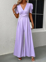 V - Neck Short Sleeve Wide Leg Jumpsuit - Diverse Creations & CompanyV - Neck Short Sleeve Wide Leg JumpsuitLavender