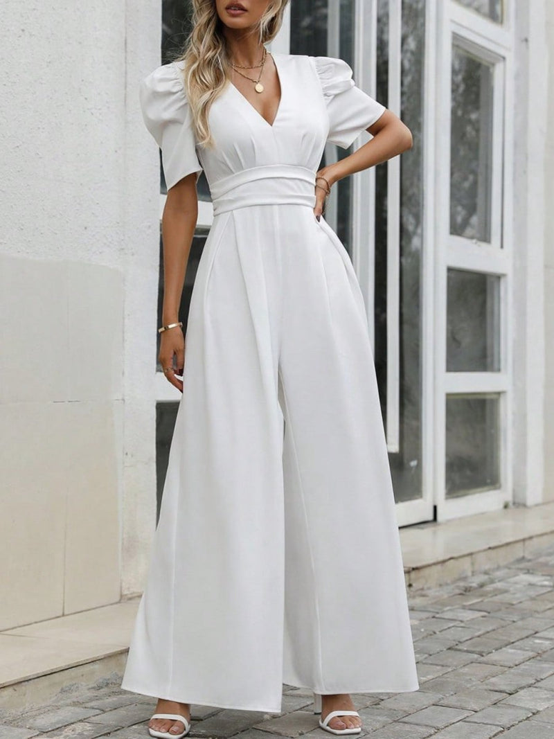 V - Neck Short Sleeve Wide Leg Jumpsuit - Diverse Creations & CompanyV - Neck Short Sleeve Wide Leg JumpsuitWhite