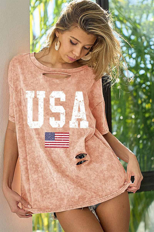 Washed American Flag Graphic Distressed T-Shirt - Diverse Creations & Companywomen's t shirtDusty Pink