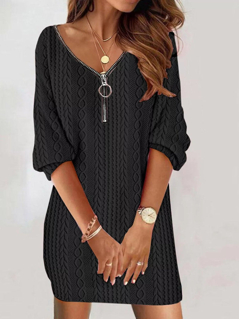 Zip Detail Textured Knit Mini Sweater - Diverse Creations & CompanySweater DressBlack