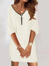 Zip Detail Textured Knit Mini Sweater - Diverse Creations & CompanySweater DressOff - white